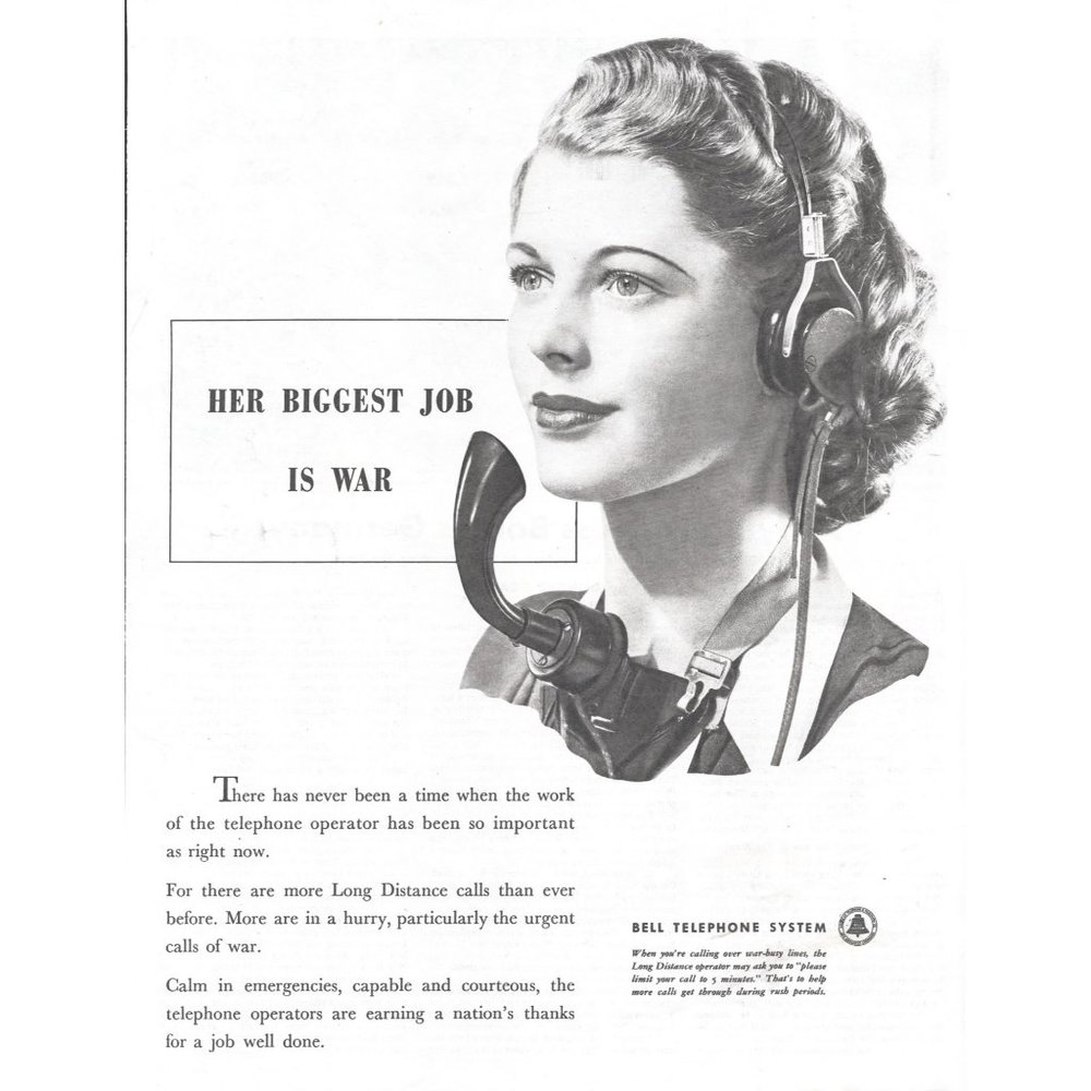 1944 Bell Telephone System Vintage Print Ad WW2 Lady Operator Job is War Art
